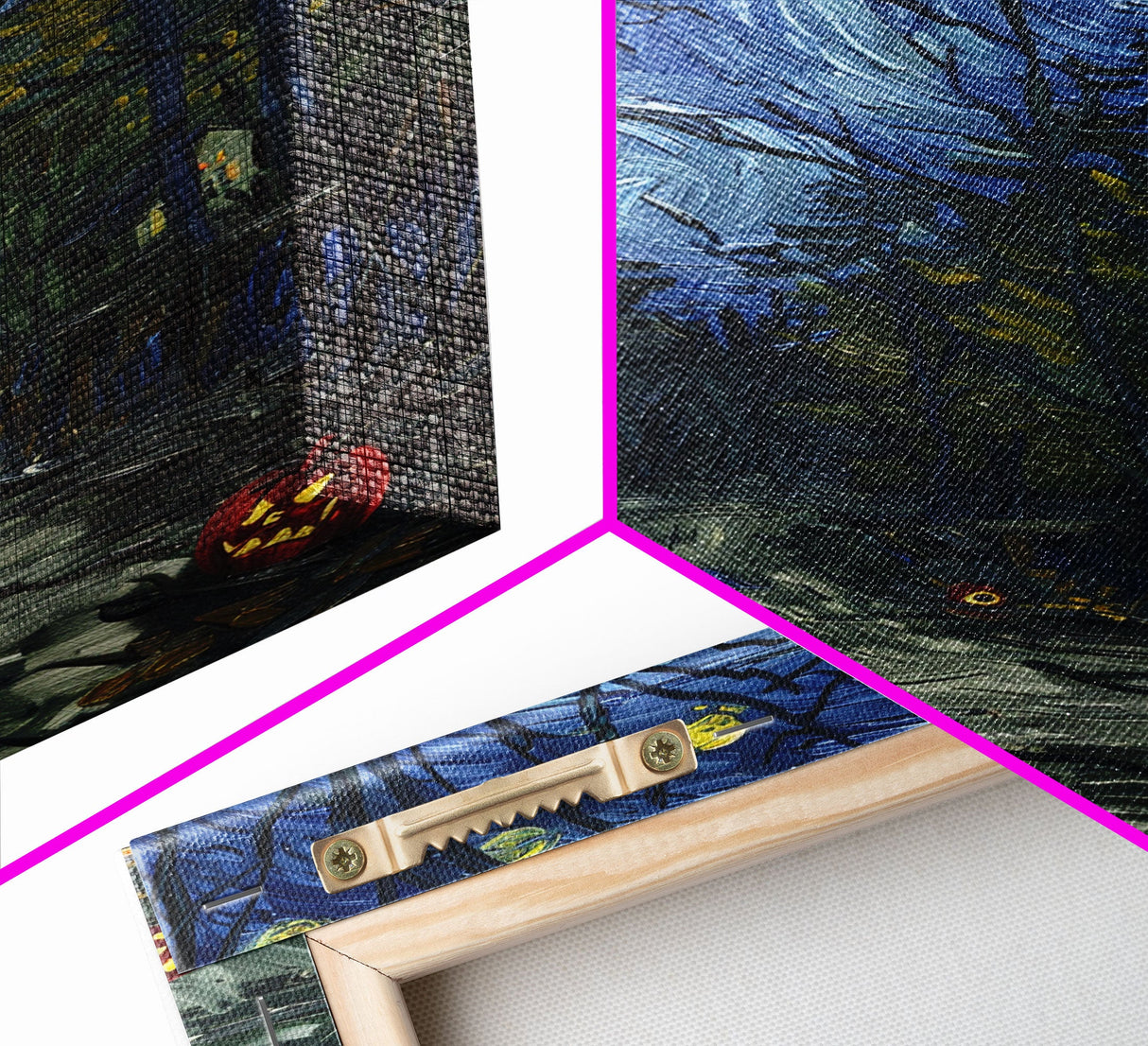 Dark Forest Path with Pumpkins Framed Canvas Print, Halloween Wall Art, Starry Night Inspired, Home Decor, Spooky Art, Living Room Decor