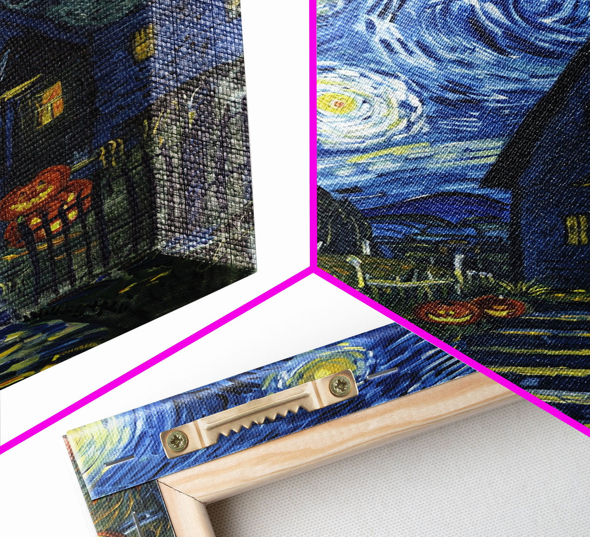 Spooky Starry Night with Jack-O-Lanterns Framed Canvas Print, Halloween Wall Art, Starry Night Inspired, Home Decor, Spooky Art, Living Room