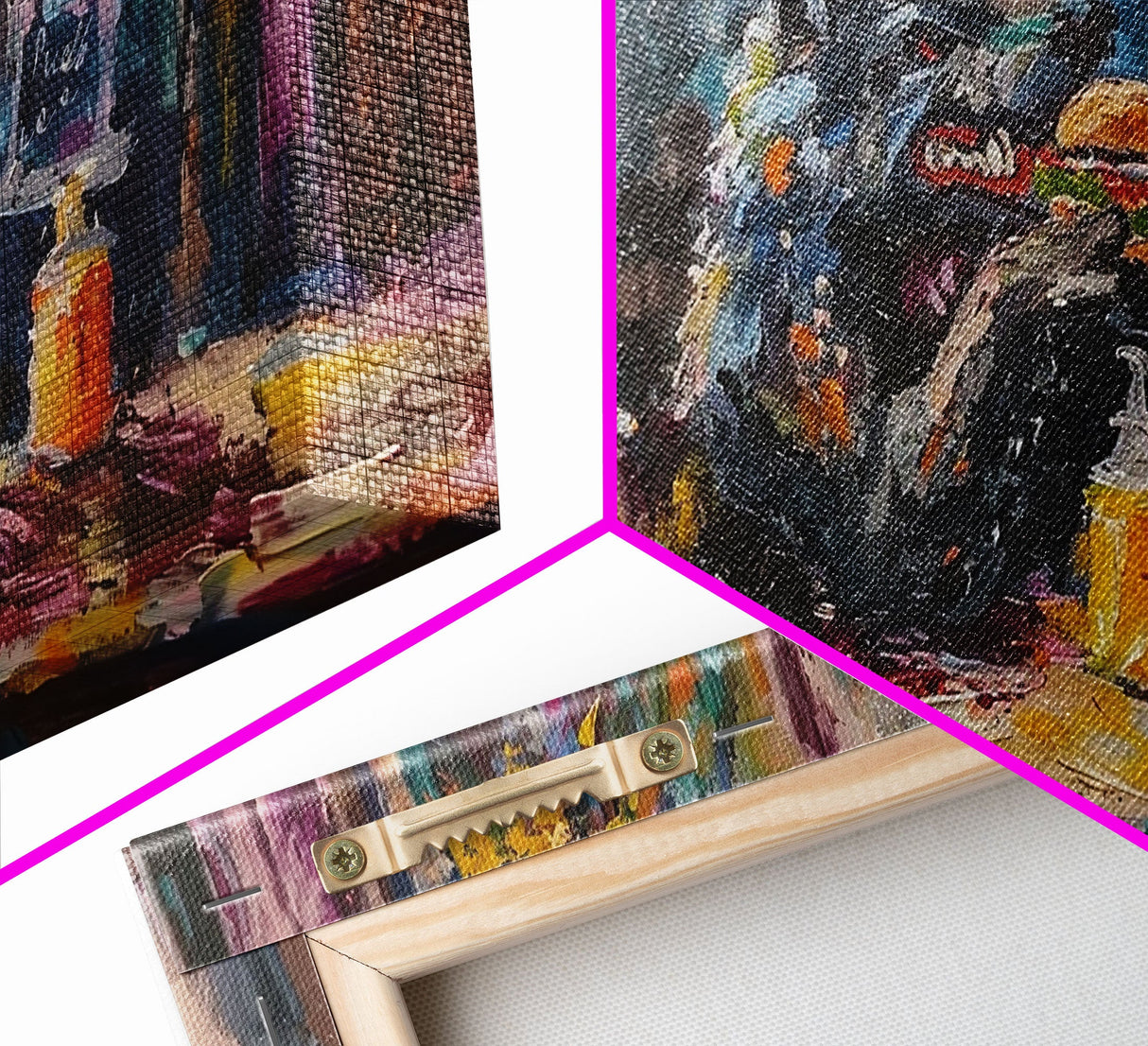 Funny Werewolf Having a Cheeseburger in a diner, framed canvas print, halloween decor