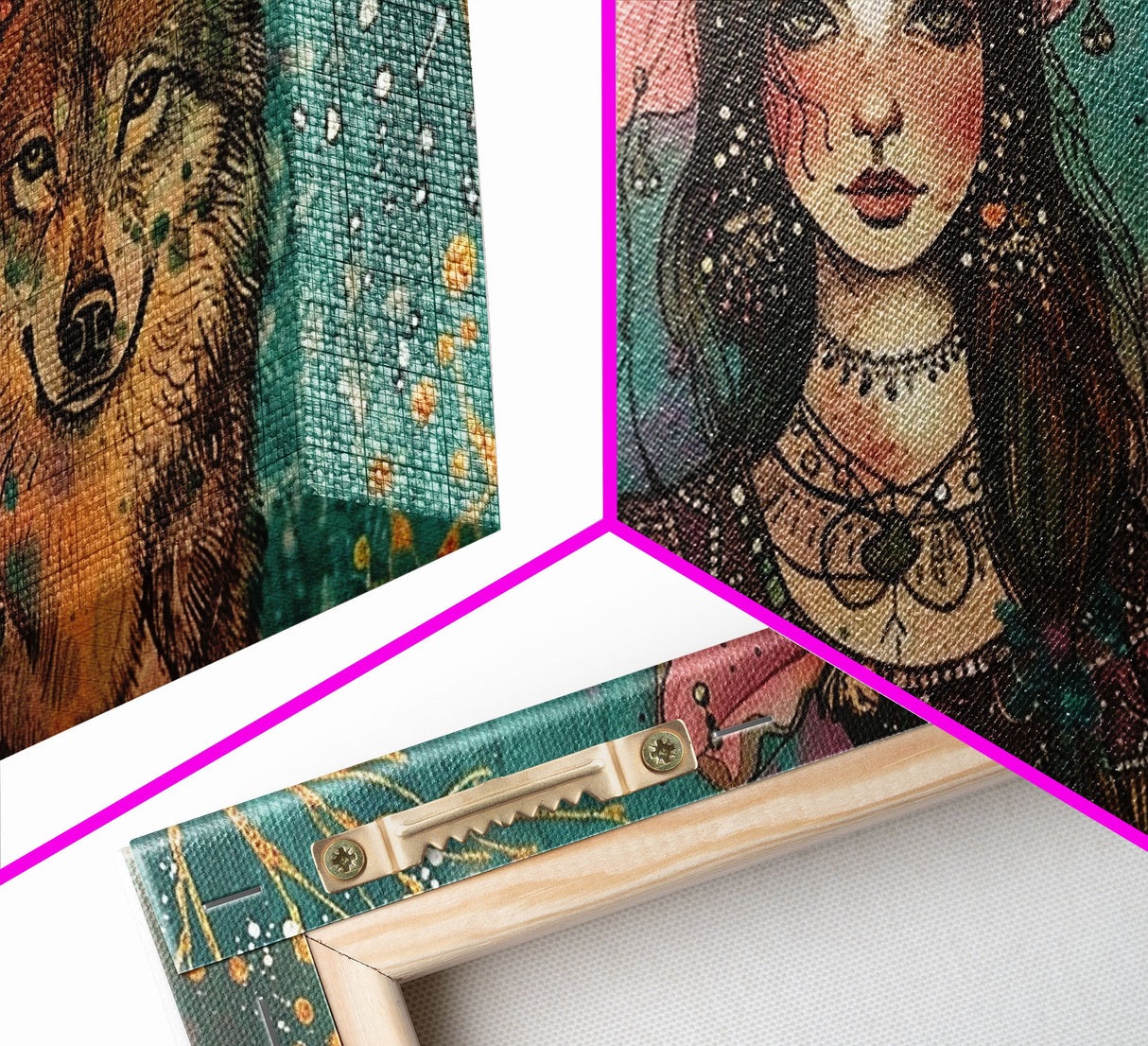 The Witch and The Wolf Familiar, Framed Canvas Print, Halloween Gift, Halloween Props, Halloween Wall Art