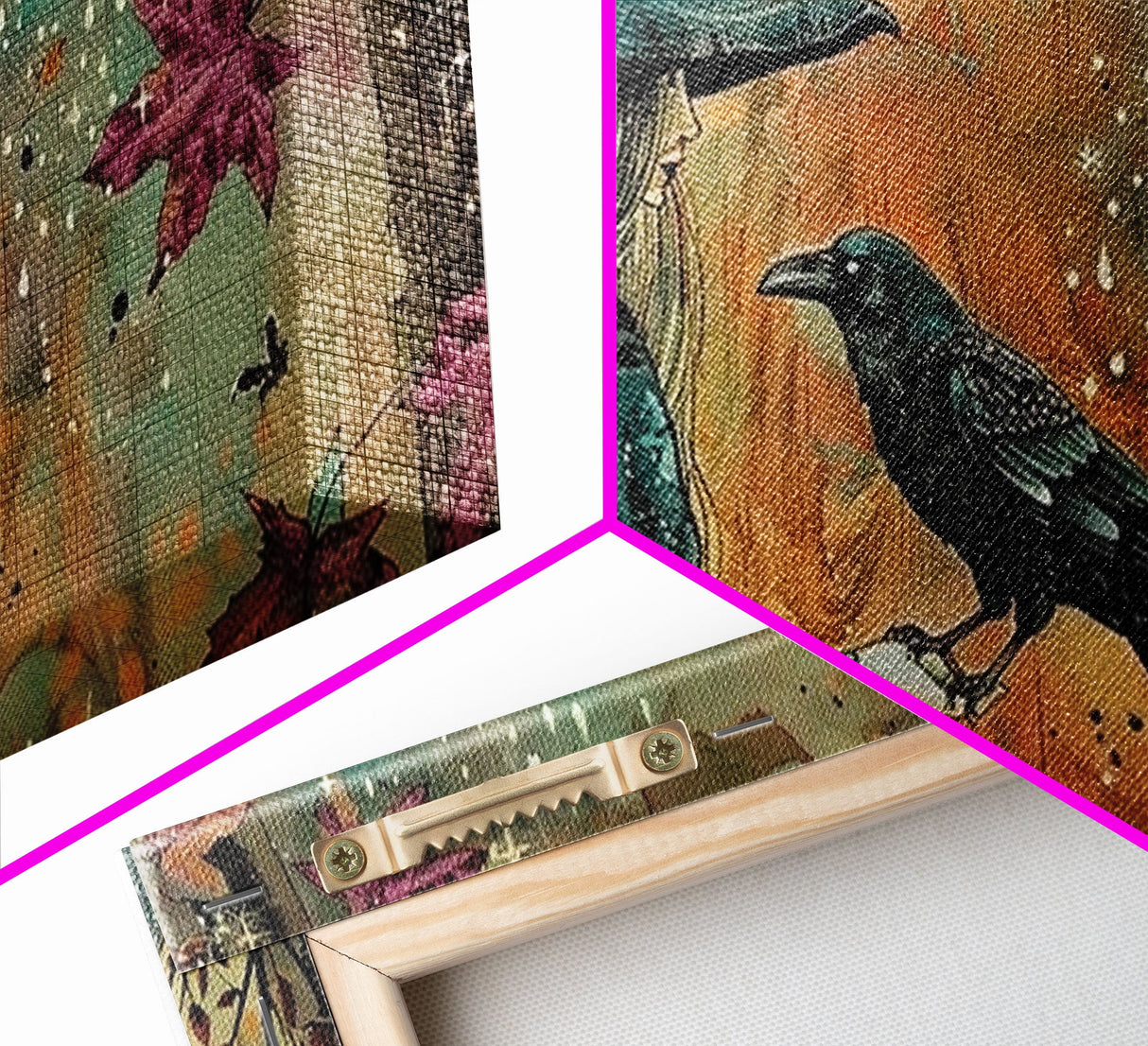 The Witch and The Raven Familiar, Framed Canvas Print, Halloween Gift, Halloween Props, Halloween Wall Art