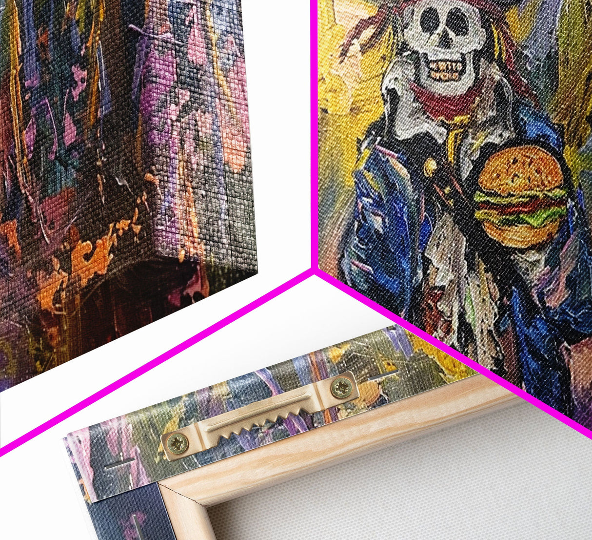 Skeleton Pirate Having a Cheeseburger, Framed Canvas Print, Funny Halloween Art, Cute Halloween Decor