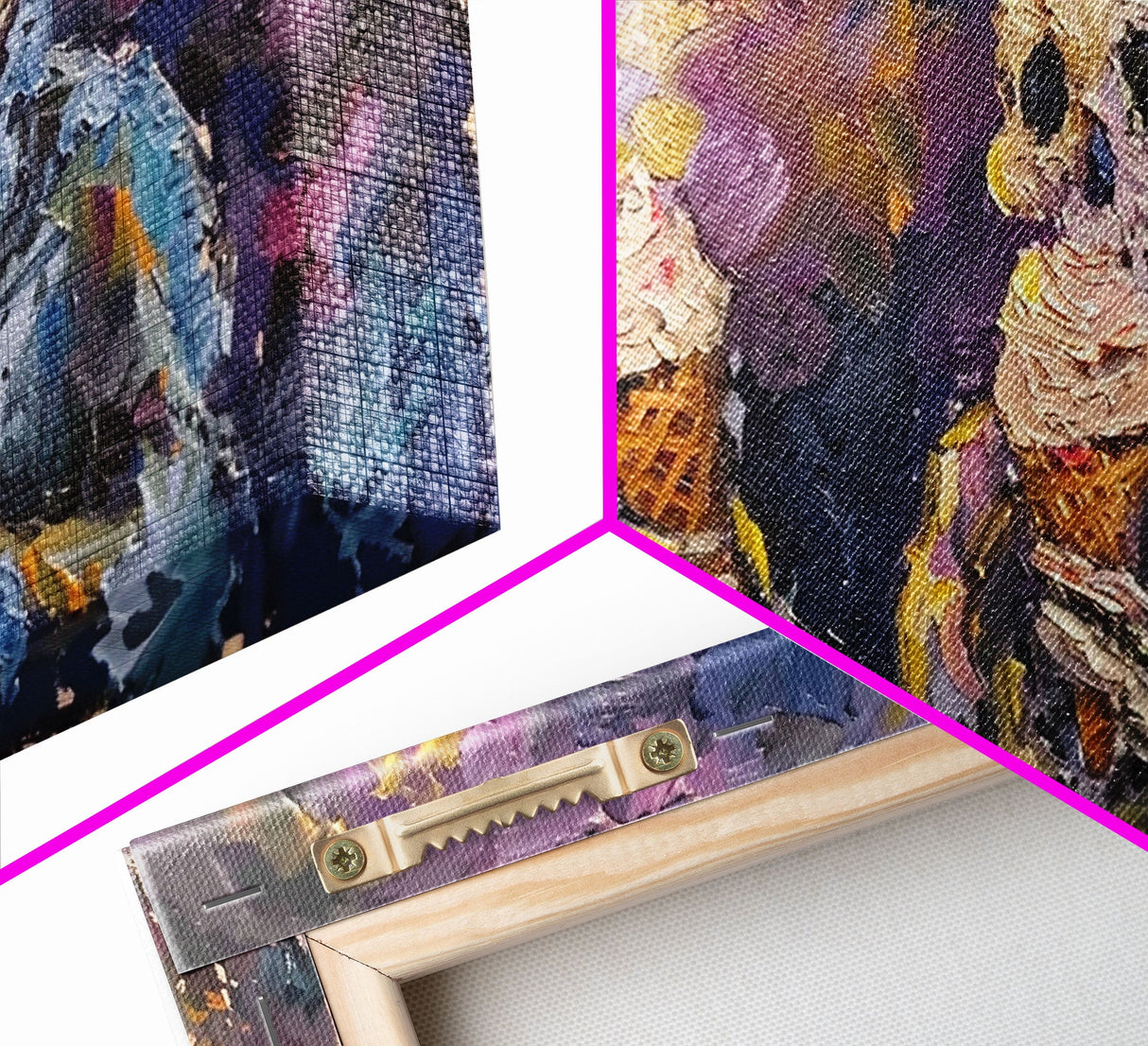 Spooky Skeleton having TWO ice cream cones! Why does he need two? Halloween Art, Framed Canvas Print