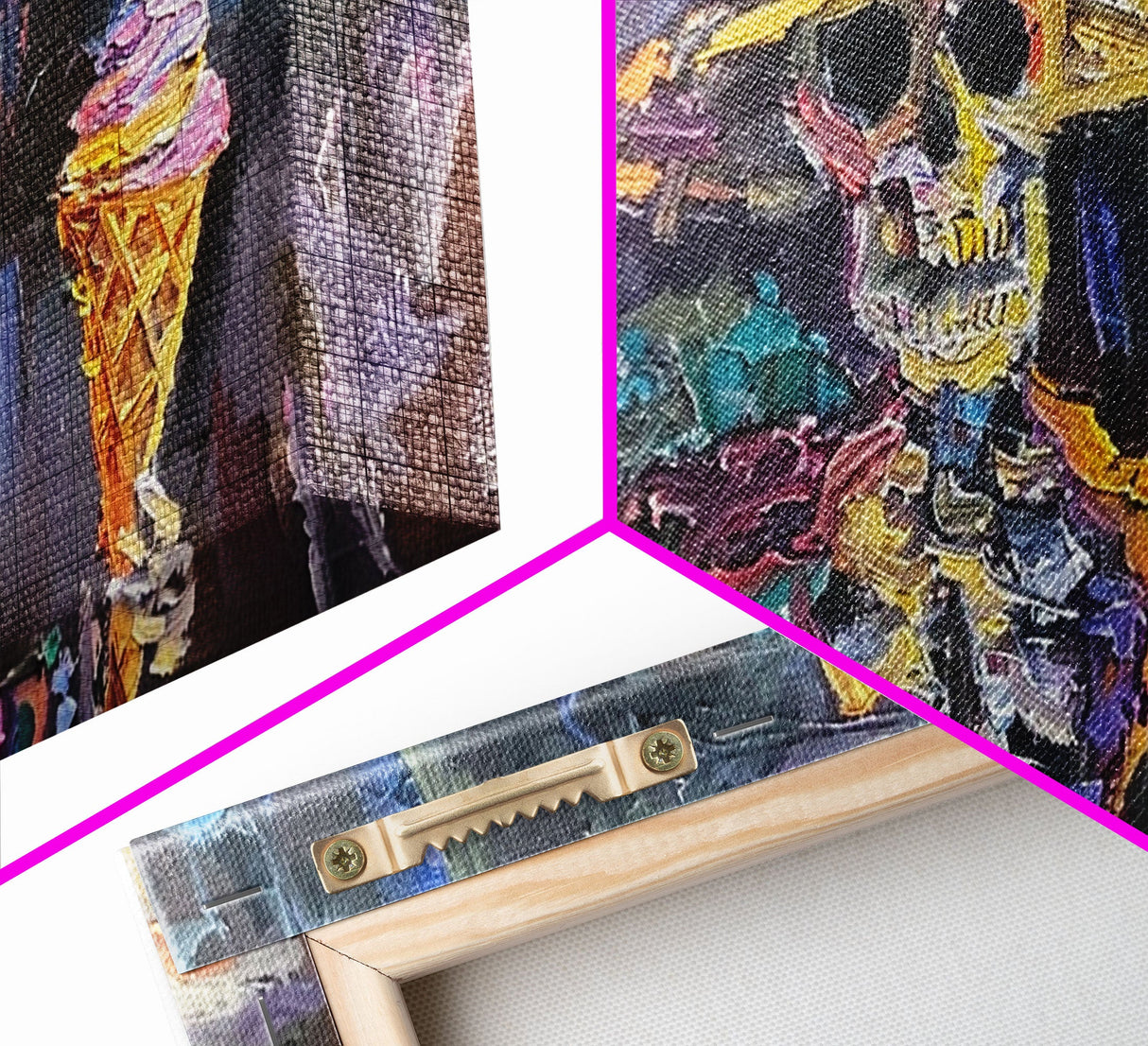 Skeleton In A Flower Hat Having an Ice Cream, Framed Canvas Print, funny Halloween Wall Art