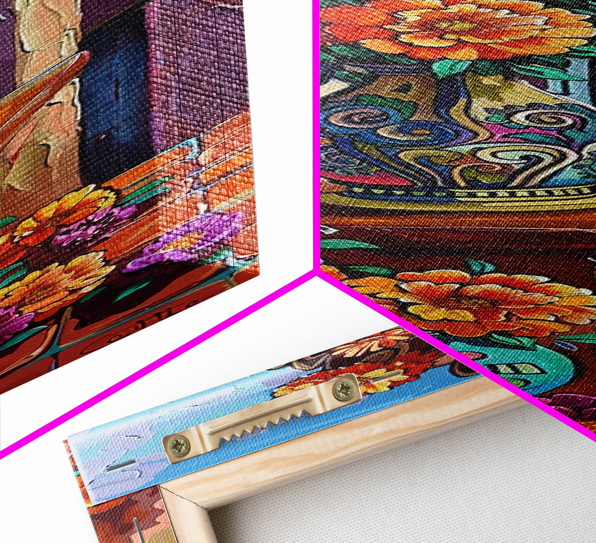 Spanish Inspired Floral Wall Art Canvas Framed, Botanical Art Print, Large Wall Art for Living Room, Impasto Painting, Abstract Wall Art