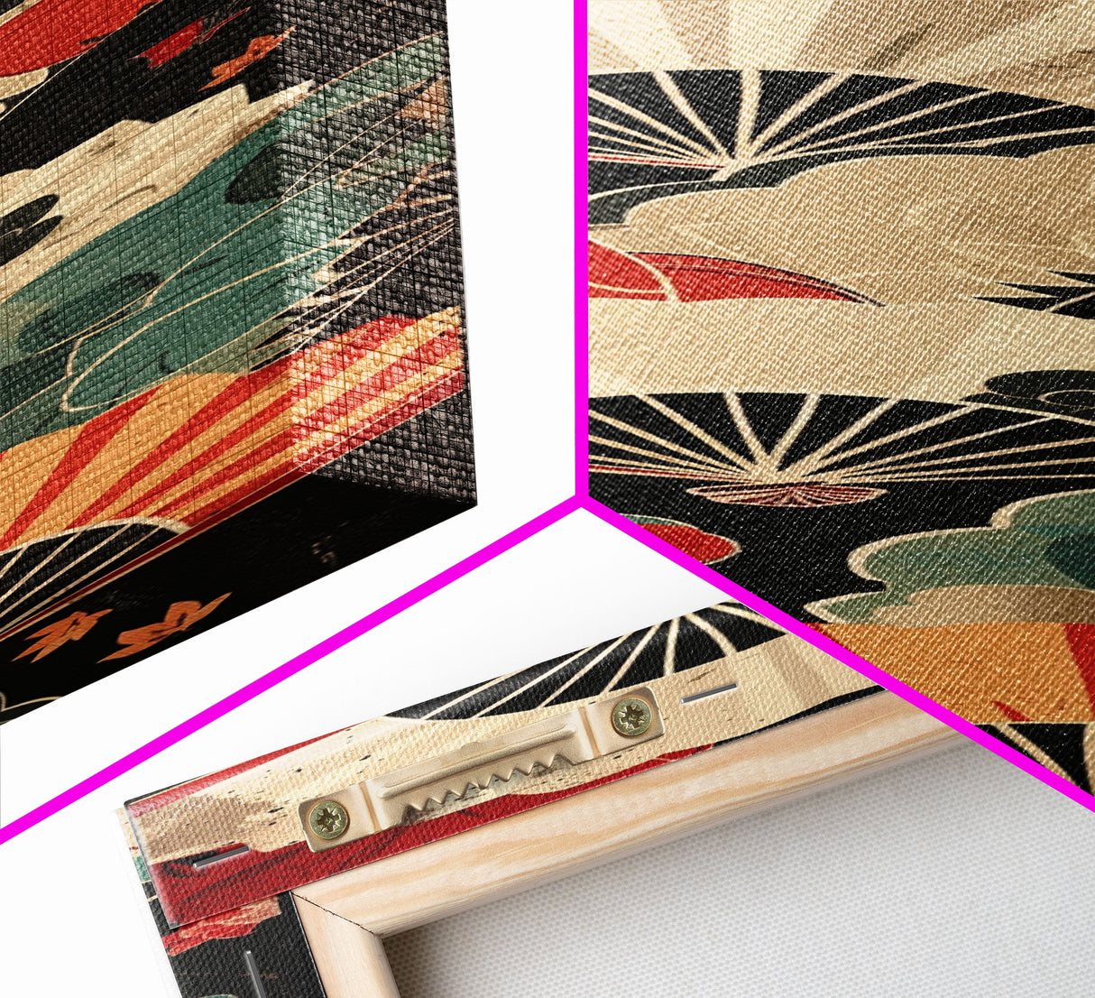 Japanese-Inspired Fan Art in Bold Red and Cream Accents on Tall Vertical Canvas Print Featuring Elegant Floral Design