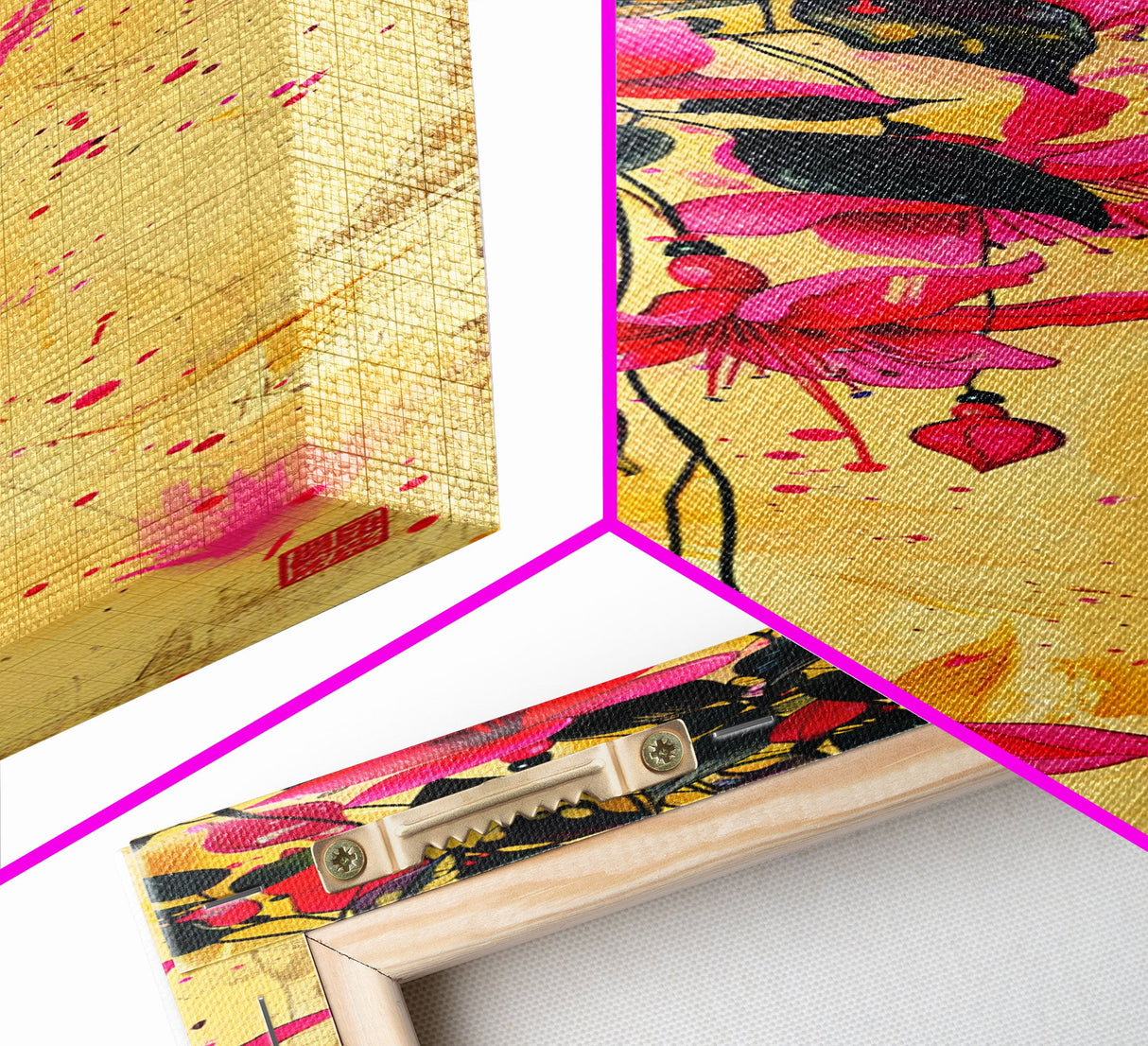Skinny Art Tall Art Framed Canvas Print Bold Fuchsia Flowers In Dynamic Composition Over A Vibrant Yellow Background Ukiyo-e Japanese Style Art