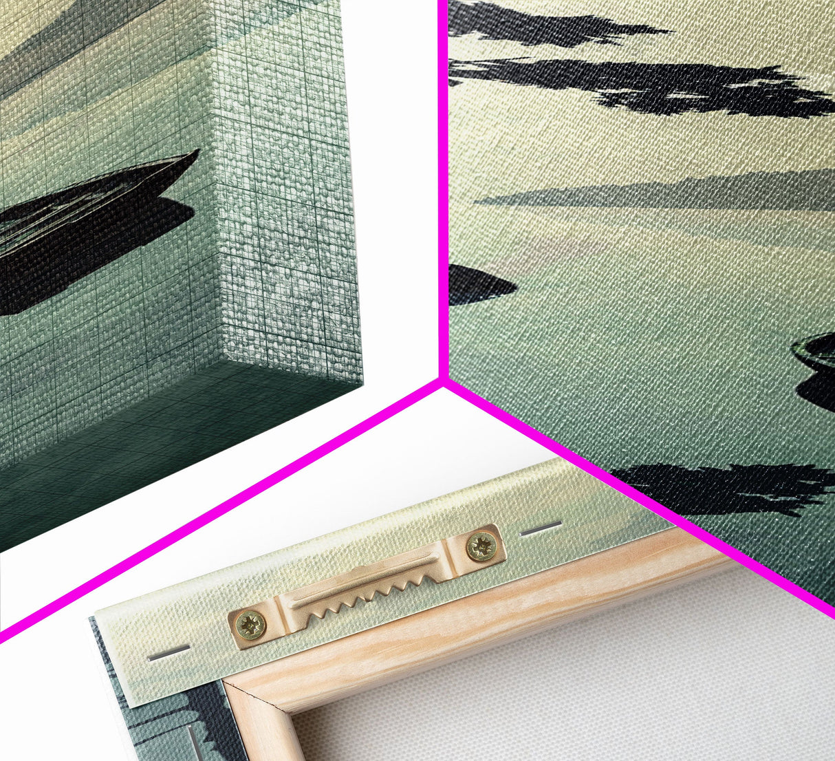 Skinny Art Tall Art Serene Lake Scene With Boat Wood Block Print Japanese Style Art Framed Canvas Print Calm Reflections On Still Water