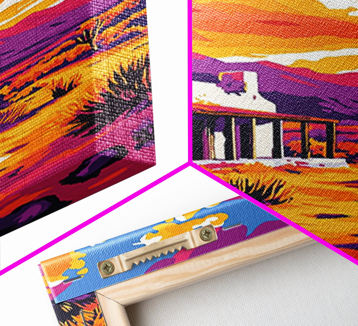 Southwest sunset, desert house, Joshua tree art, pink orange wall art, rustic wall art, boho art, framed canvas print, landscape painting