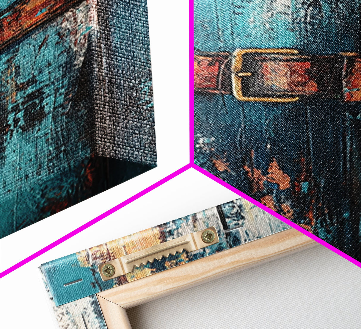 Rustic blue door, worn leather belt, southwest wall art, farmhouse art, textured painting, wabi sabi art, framed canvas print, rustic decor