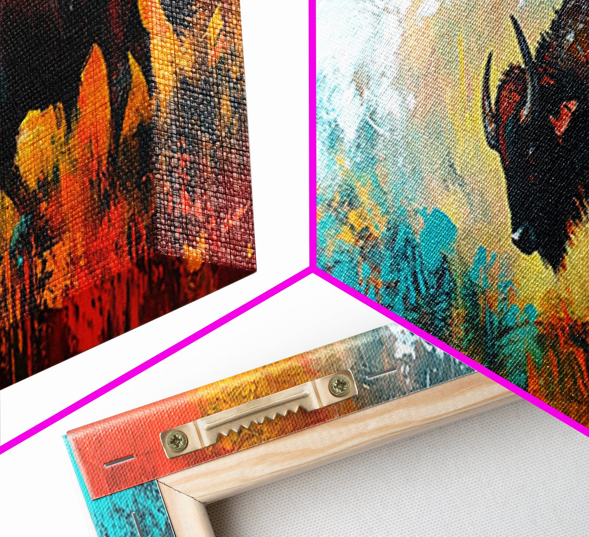 Abstract bison, rustic decor, teal wall art, western painting, bold color art, boho art, extra wide art, framed canvas print