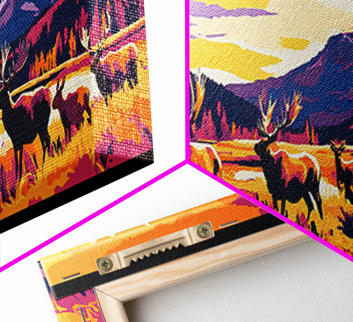 Vibrant Elk Painting, Sunset Mountain Art, Southwest Wall Art, Bold Color Art, Pink Orange Wall Art, Framed Canvas Print, Boho Art