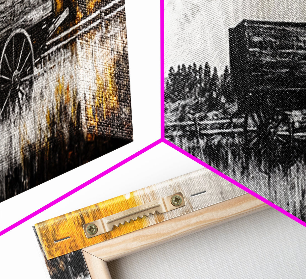 Vintage wooden wagon, rustic wall art, barn landscape oil painting, black and white art, extra wide art, framed canvas print, farmhouse art