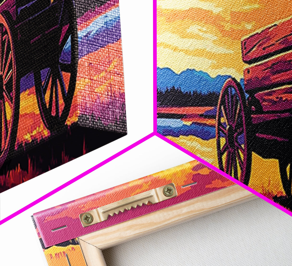 Sunset Wagon Painting, southwest wall art, boho art, Joshua tree art, rustic decor, warm tones, framed canvas print, extra wide art
