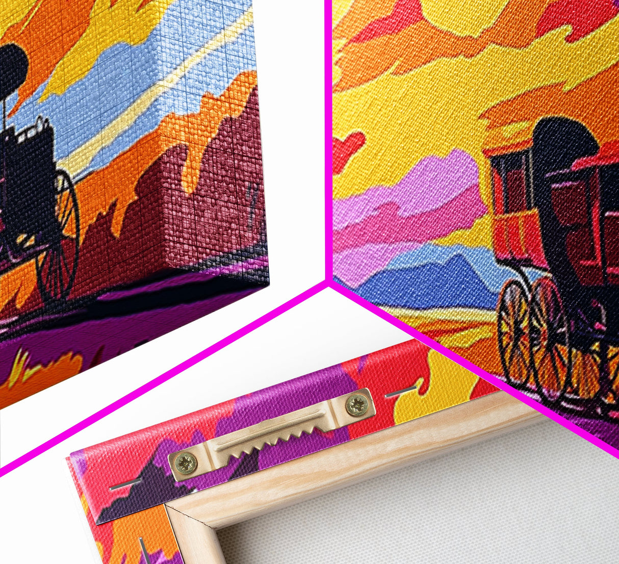 Stagecoach Sunset, southwest wall art, Joshua tree art, pink orange wall art, rustic art, vintage horse art, canvas print