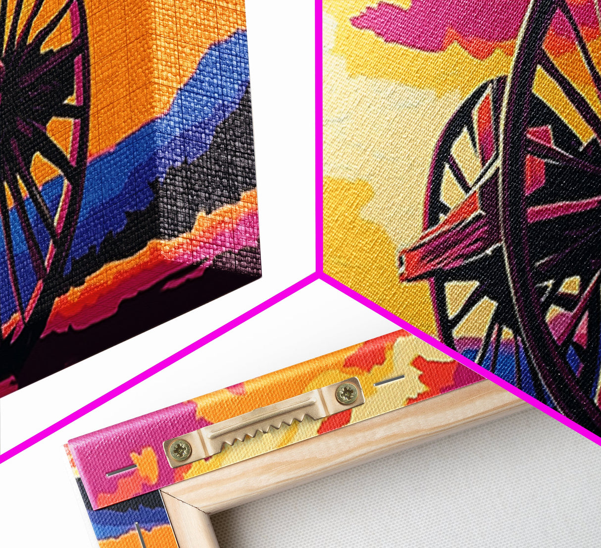 Sunset Wagon Wheel, pink orange wall art, bold color art, boho art, panoramic painting, extra wide art, framed canvas print, landscape painting