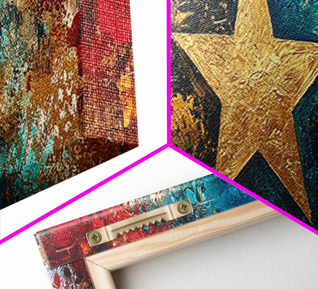 Golden Star, abstract art, bold colors, textured wall art, framed canvas print, mosaic wall art, extra wide art, above couch art
