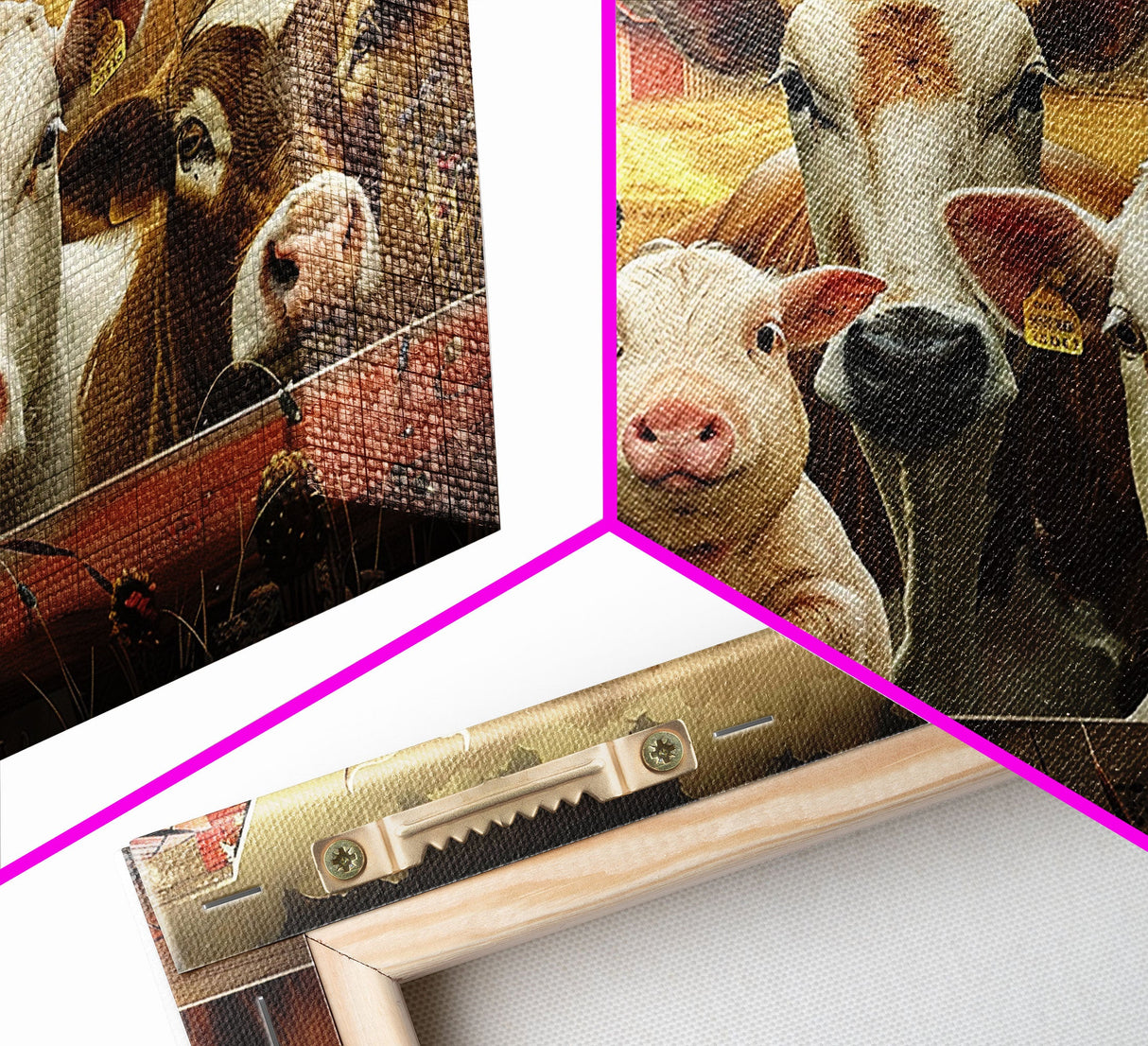 Farm Animals On The Fence, Framed Canvas Print, Cute Animal Decor, Bathroom Wall Art, Illustration, Home Decor