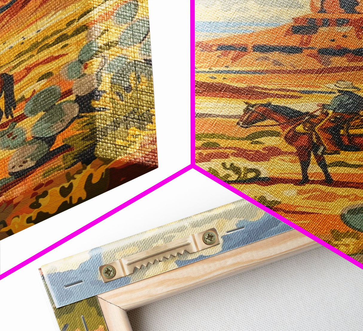 Desert Cowboy Riding Through Cactus - Framed Canvas Print, Western Landscape Art, Southwestern Wall Art for Home Decoration