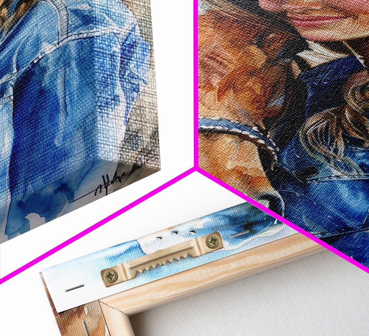 Cowgirl with Horse in Denim Outfit - Framed Canvas Print, Western Wall Art, Rustic Decor, Living Room and Bedroom Art Print