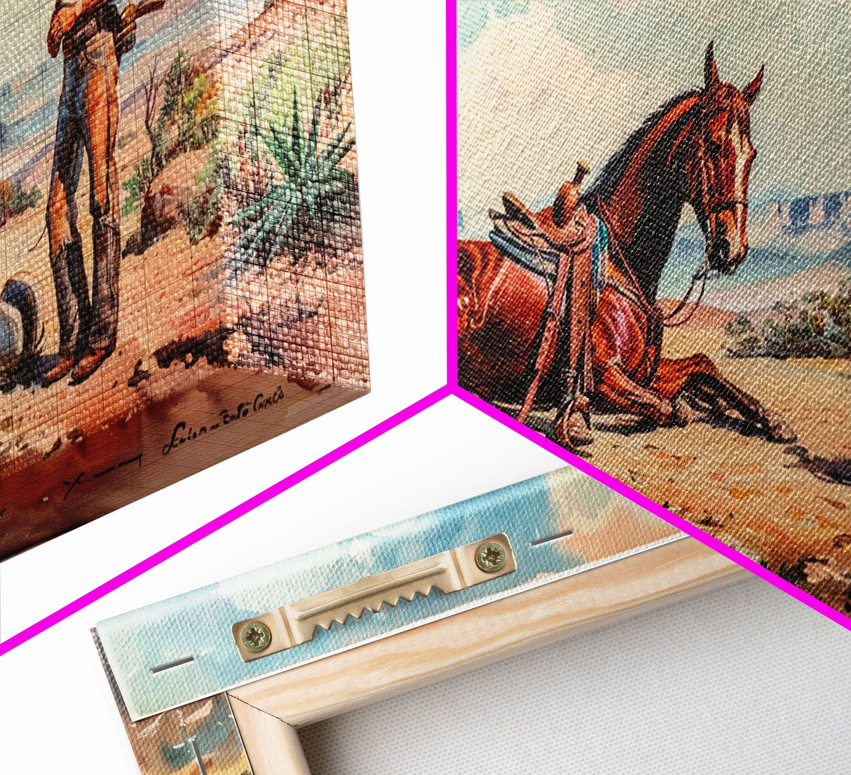 Cowboy and Horse in Desert Landscape, Rustic Farmhouse Art, Framed Canvas Print, Western Decor, Living Room Wall Art, Country Style