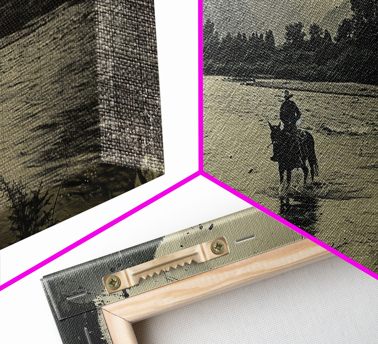 Cowboy Crossing River with Mountains, Framed Canvas Print for Western Living Room Decor, Ideal Bedroom Wall Art, Rustic Scene