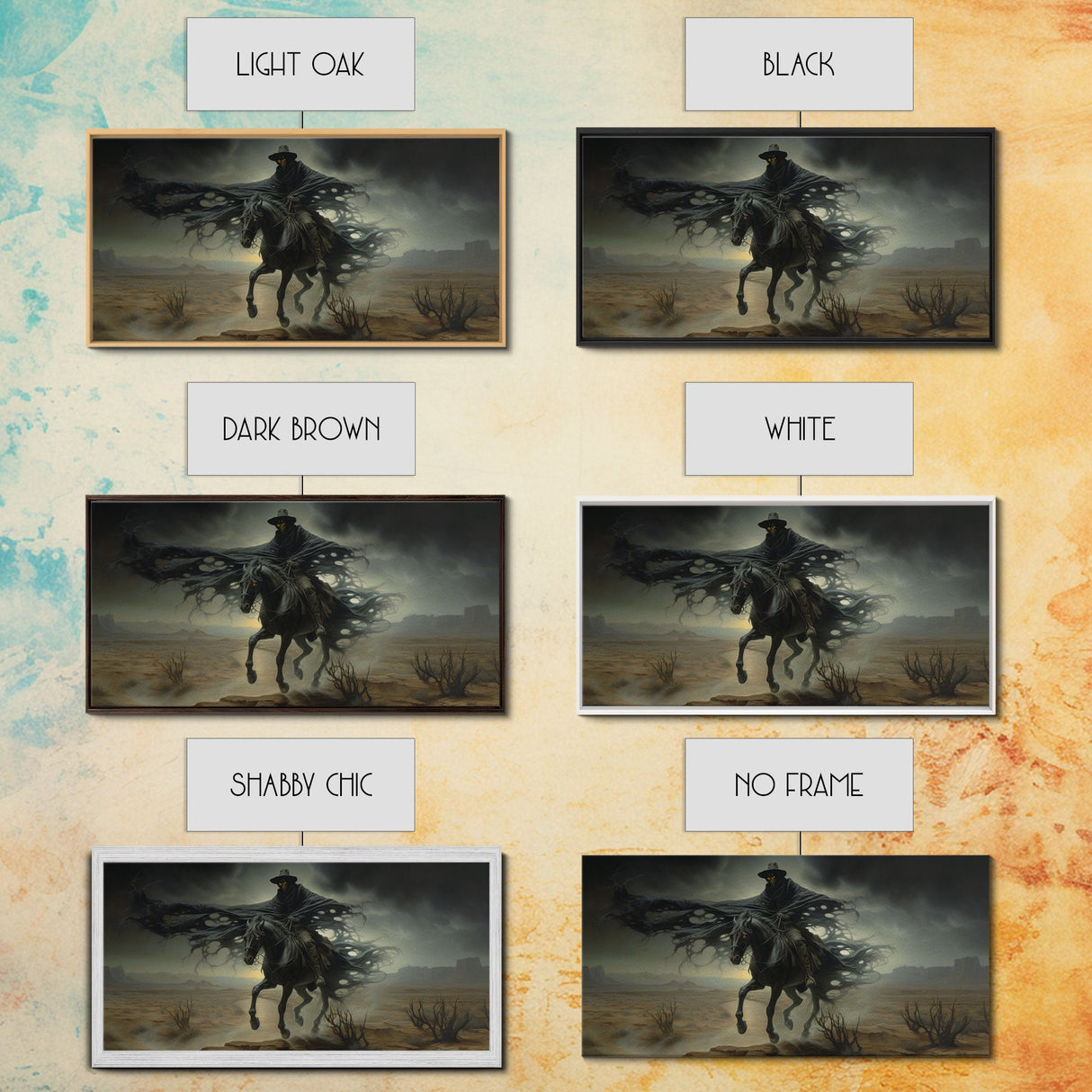 Ghost Cowboy Art, Framed Canvas Print, Halloween art, spooky decor, cowboy art, western decor, grim reaper on a horse in the desert