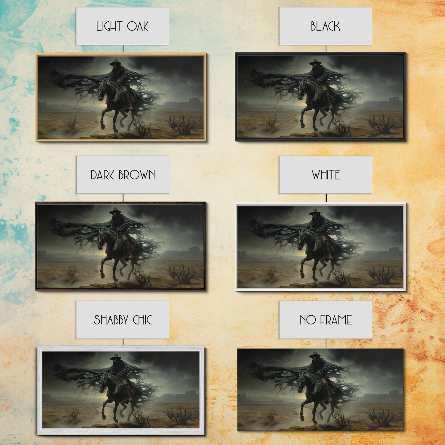 Ghost Cowboy Art, Framed Canvas Print, Halloween art, spooky decor, cowboy art, western decor, grim reaper on a horse in the desert