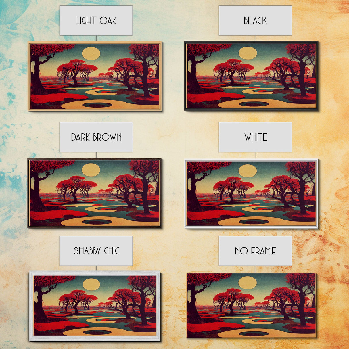Psychedelic Crimson Red Cherry Blossom Trees, Ready To Hang Canvas Print, Framed Wall Art