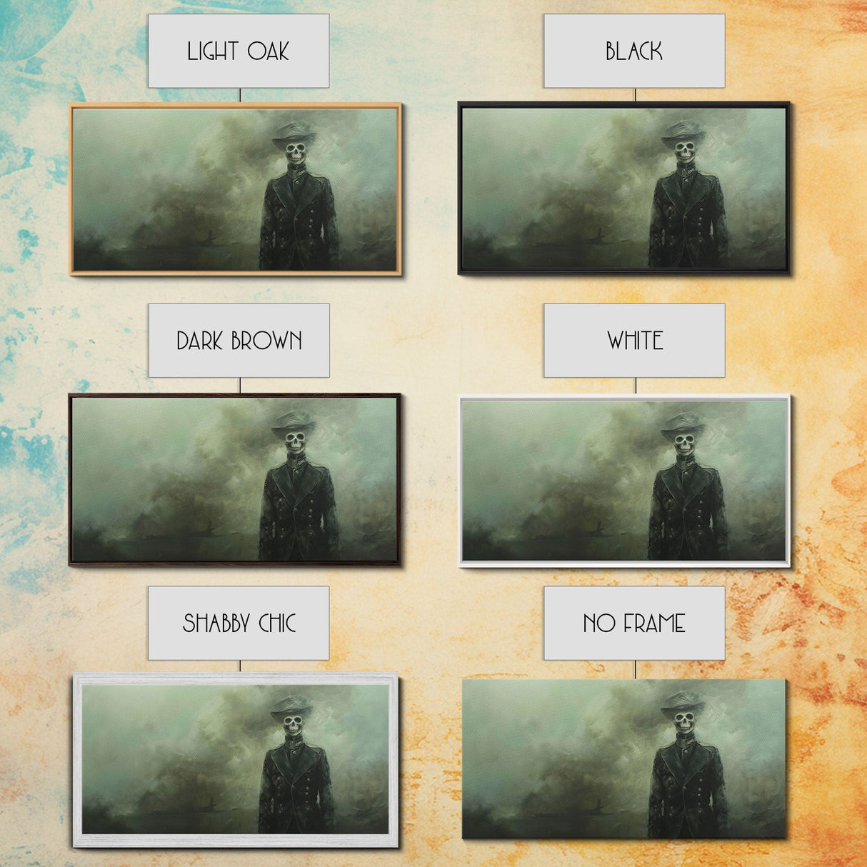 Dapper Skeleton In The Fog, Framed Canvas Print, Halloween Decor, Macabre Dark Academia Wall Art