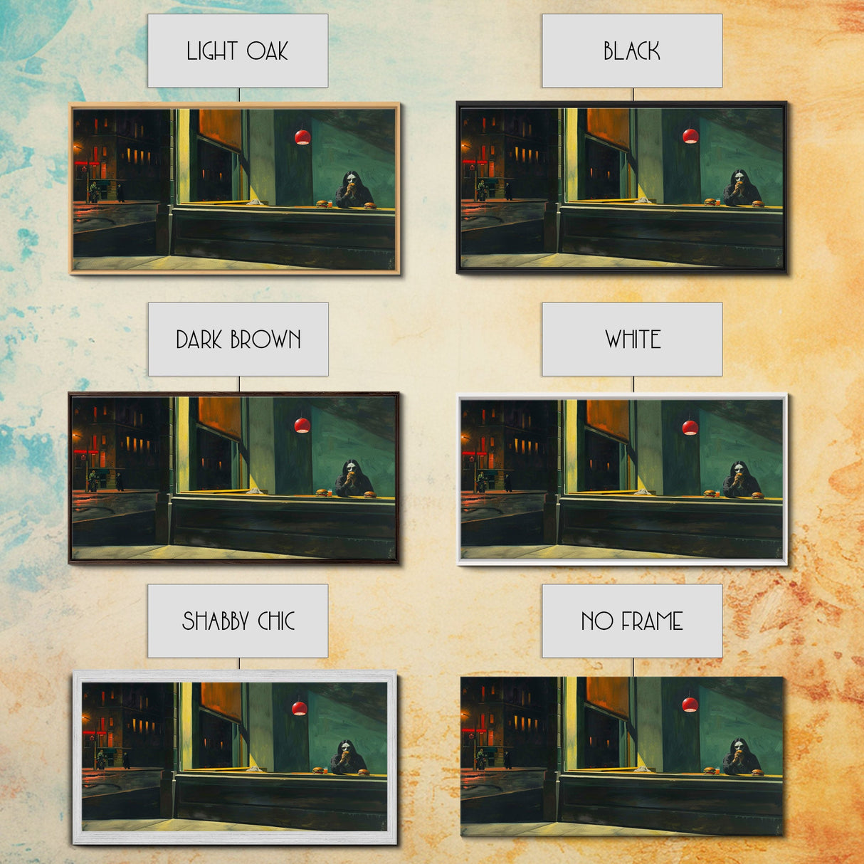 Demon Having a Cheeseburger in a Diner, Funny / Liminal Halloween Art, Framed Canvas Print