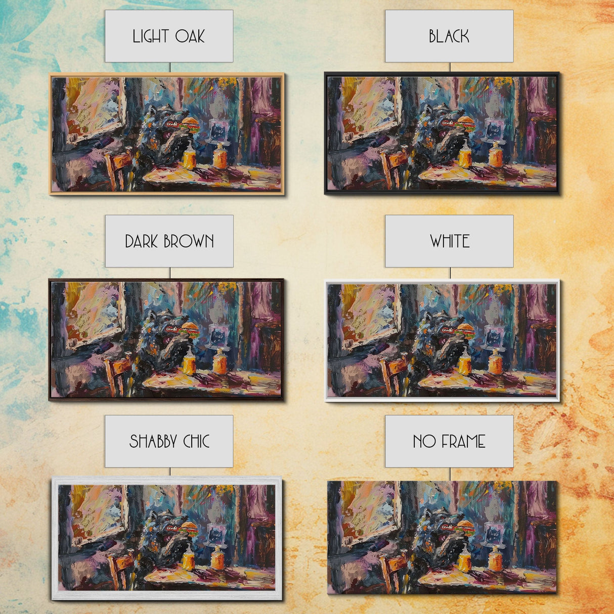 Funny Werewolf Having a Cheeseburger in a diner, framed canvas print, halloween decor