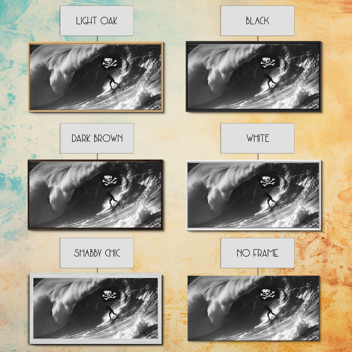 Pirate Surf - Framed Canvas Print - Black & White Photography Style Wall Art - Skull and Cross Bones Wall Art - Manly Decor - Mancave