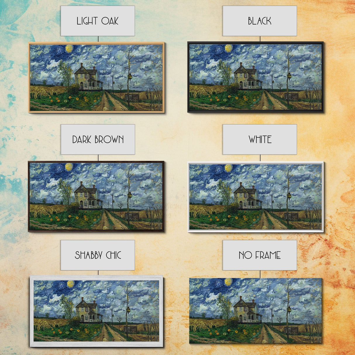 Haunted Countryside, Framed Canvas Print, Spooky Starry Night Inspired Halloween Wall Art