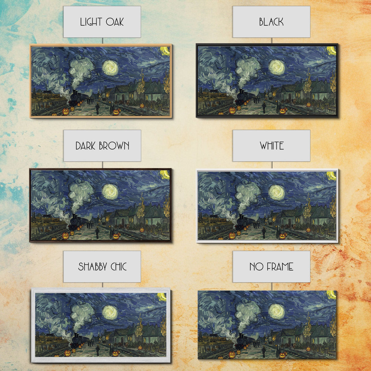 Starry Night Inspired Haunted Steam Train, Framed Canvas Print, Spooky Halloween Wall Art