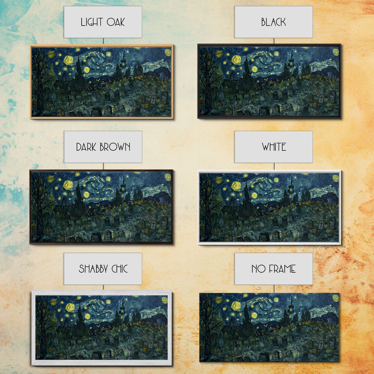 Starry Night Inspired Haunted Graveyard Framed Canvas Print, Halloween Wall Decor, Halloween Props, Halloween Gift Idea