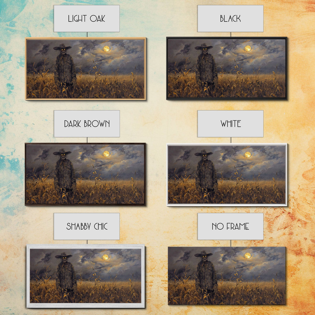 Scarecrow Under A Full Moon - Framed Canvas Print - Spooky Wall Art - Halloween Decor