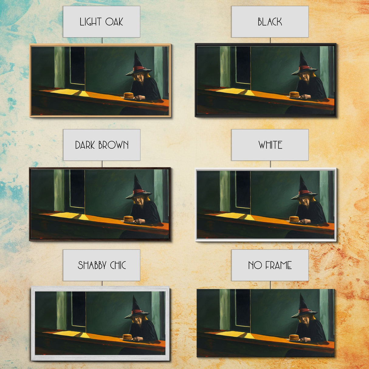 Sad Old Witch Having Some Pancakes, Funny Halloween Art, Framed Canvas Print, Liminal Art