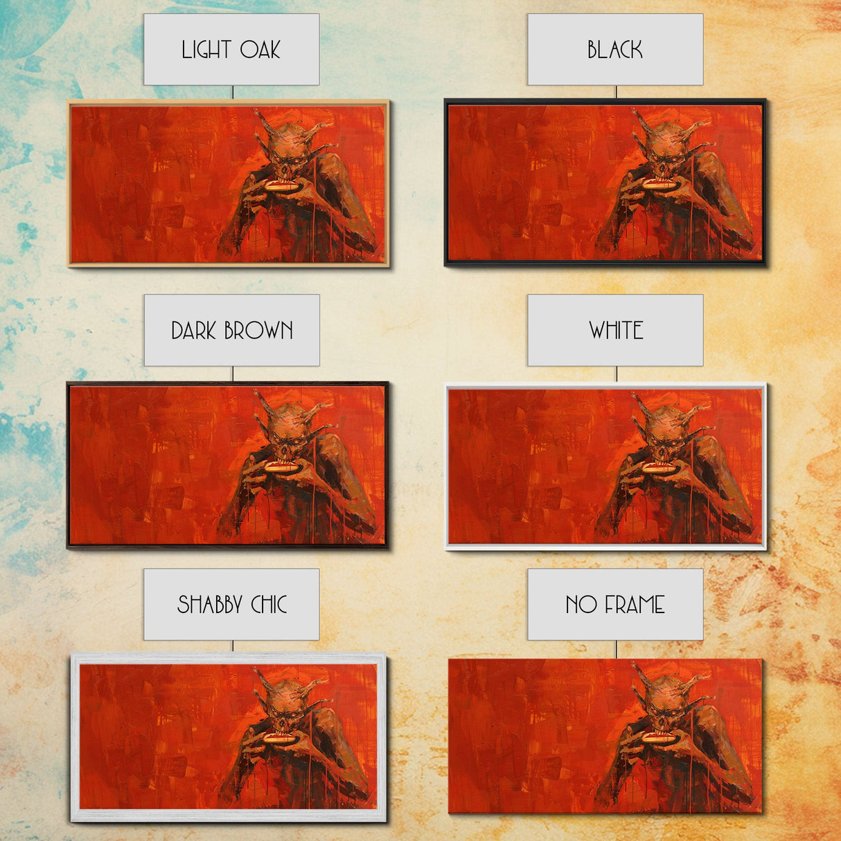 Scary Demon Having a Hot Dog, must be a baseball fan. Funny Halloween Wall Art Framed Canvas Print