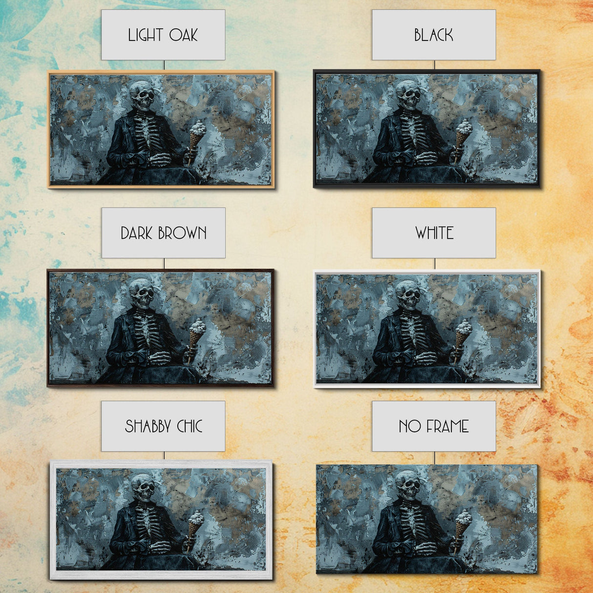 Skeleton Having an Ice Cream Cone, Macabre Wall Art, Framed Canvas Print, Spooky Halloween Art