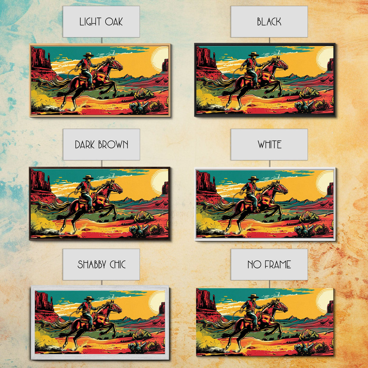 Cowboy Galloping in Desert, Vibrant Sunset Western Art, Framed Canvas Print, Farmhouse Decor, Colorful Wall Art, Cowboy Theme