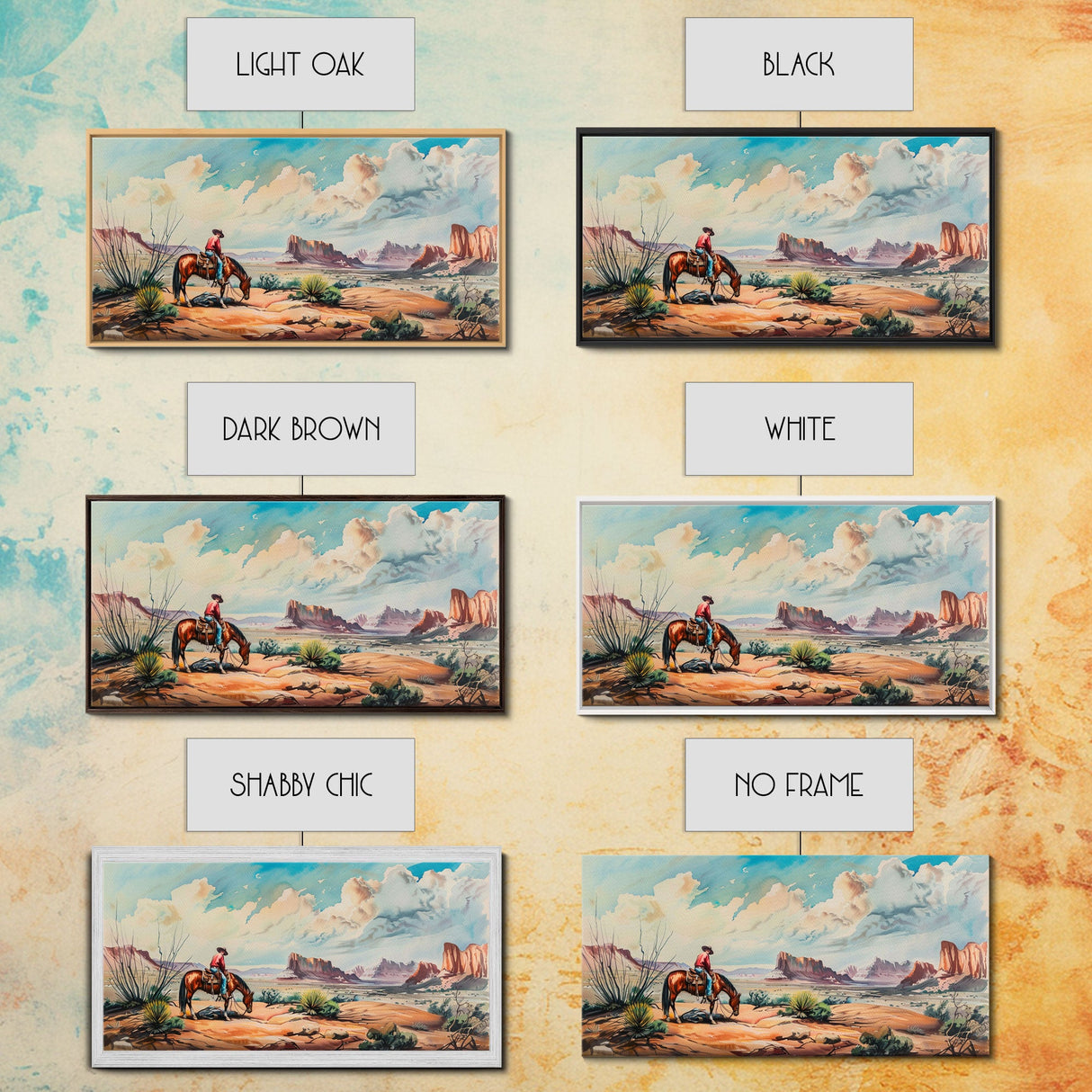 Cowboy Gazing Over Expansive Desert, Boho Western Landscape Art, Framed Canvas Print, Living Room Wall Decor, Rustic Country Style