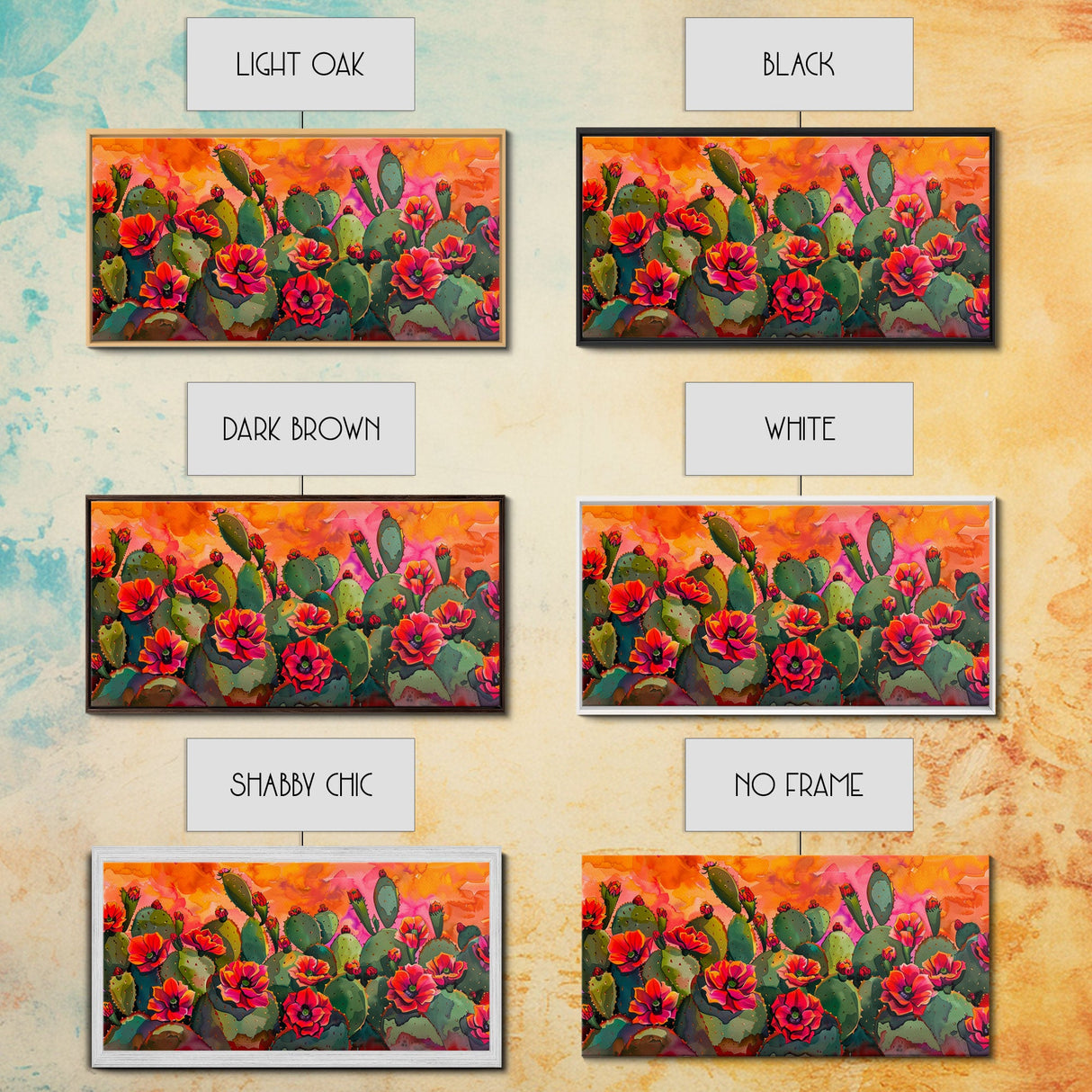 Lush desert landscape with blooming cacti at sunset, Framed Canvas Print, ideal for minimalist living room, wall art decor