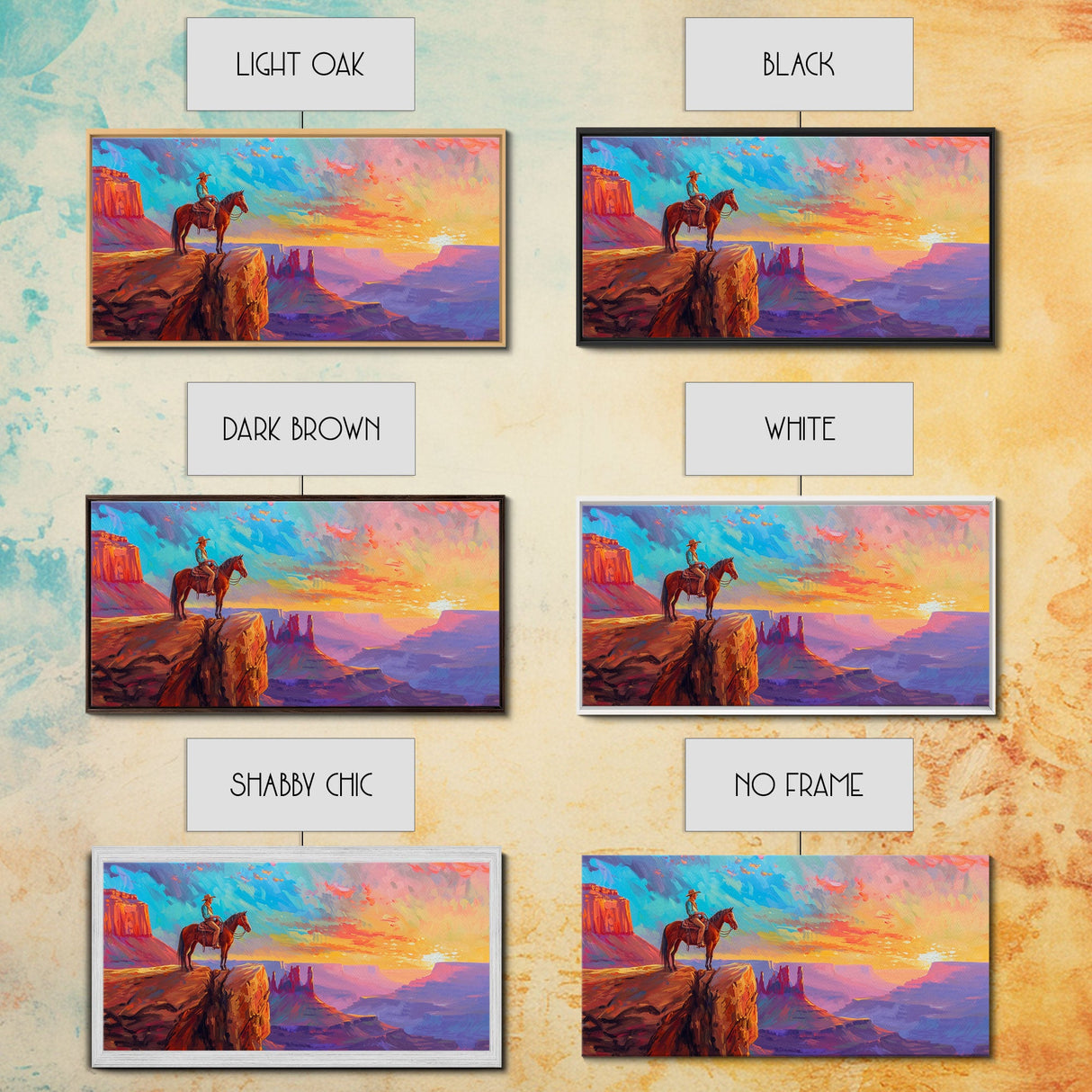 Cowboy and Horse with Canyon View, Farmhouse Style Framed Canvas Print for Bedroom Wall Art, Vibrant Home Decor, Western Scenic Art