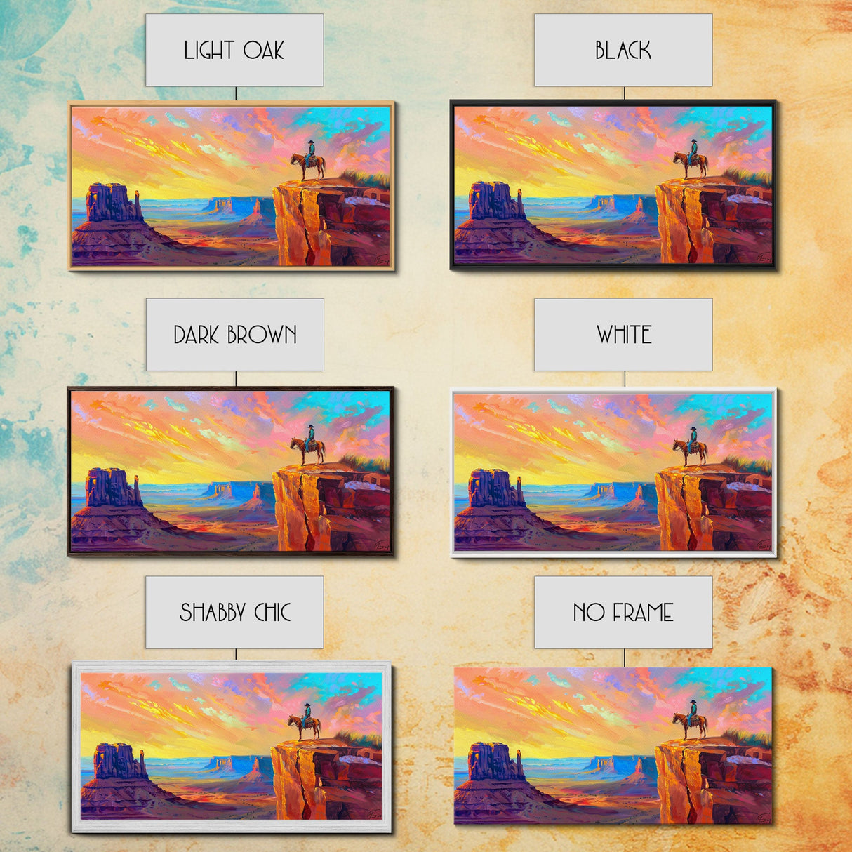 Cowboy with Horse on Cliff Edge, Farmhouse Style Framed Canvas Print for Living Room Wall Art, Vibrant Home Decor, Western Scenic Art