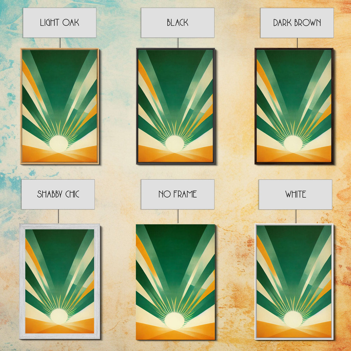 Emerald Green Sun Burst, Art Deco Style, Framed Canvas Print, Ready To Hang Framed Wall Art, Living Room Wall Hanging