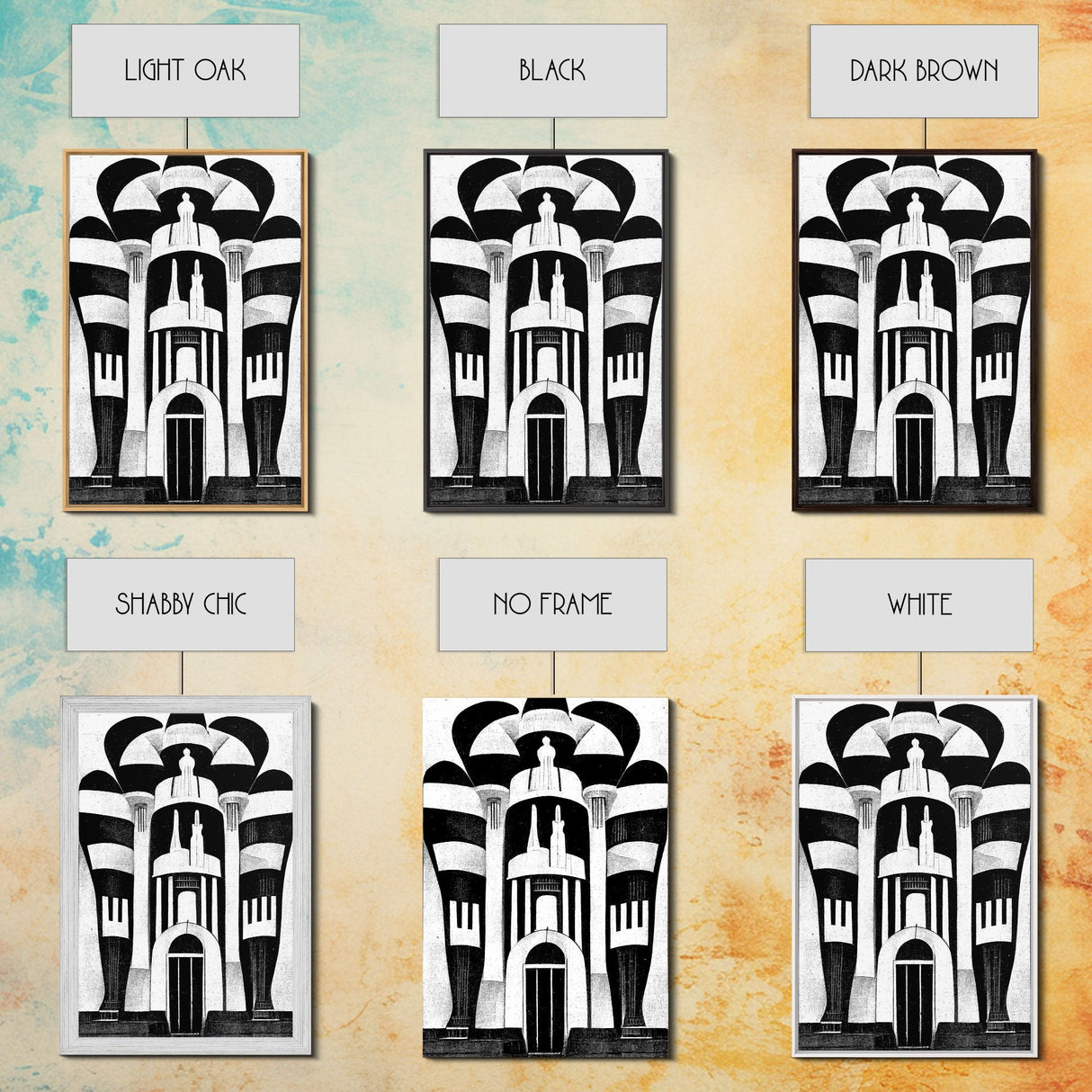Vintage Style Art Deco Architecture Study, Framed Canvas Print, Retro Style Wall Art
