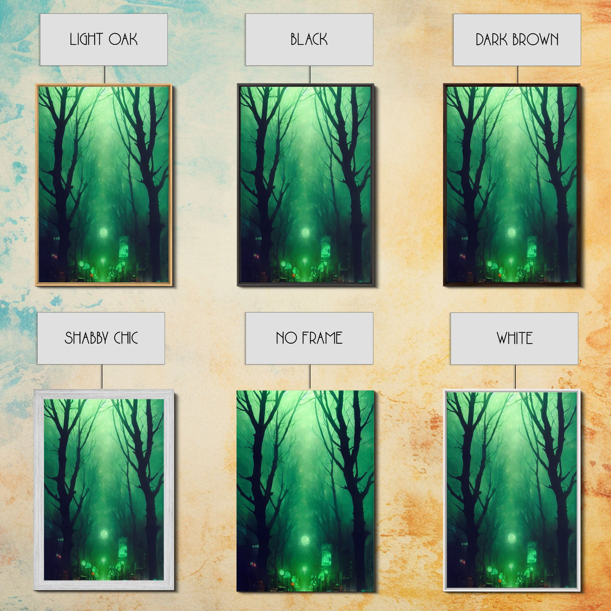 Emerald green city streets under a full moon, cool spooky art, framed canvas print