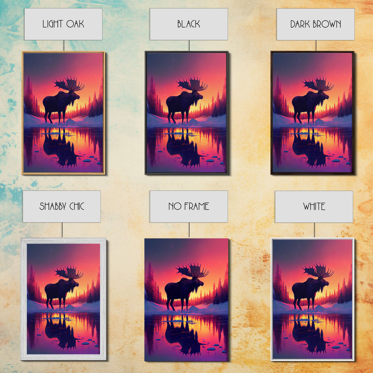 Moose of Canada, retrowave inspired Nature art, framed canvas print, cabin art, colorful farmhouse decor