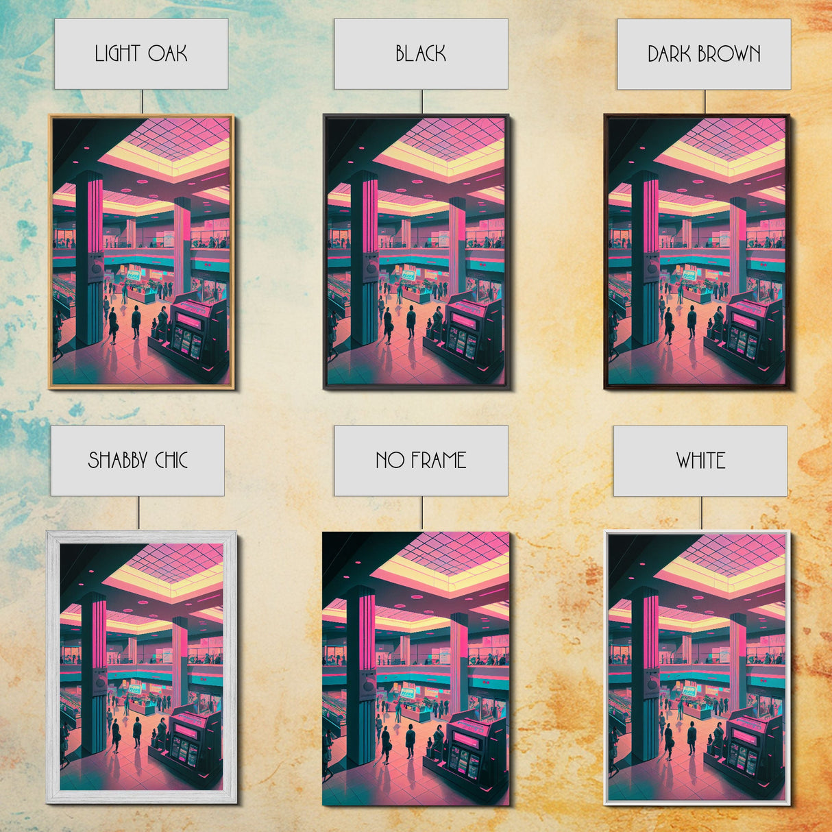 Monument to Capitalism, Retro 80's mall art, framed canvas print, vaporwave aesthetic consumer art